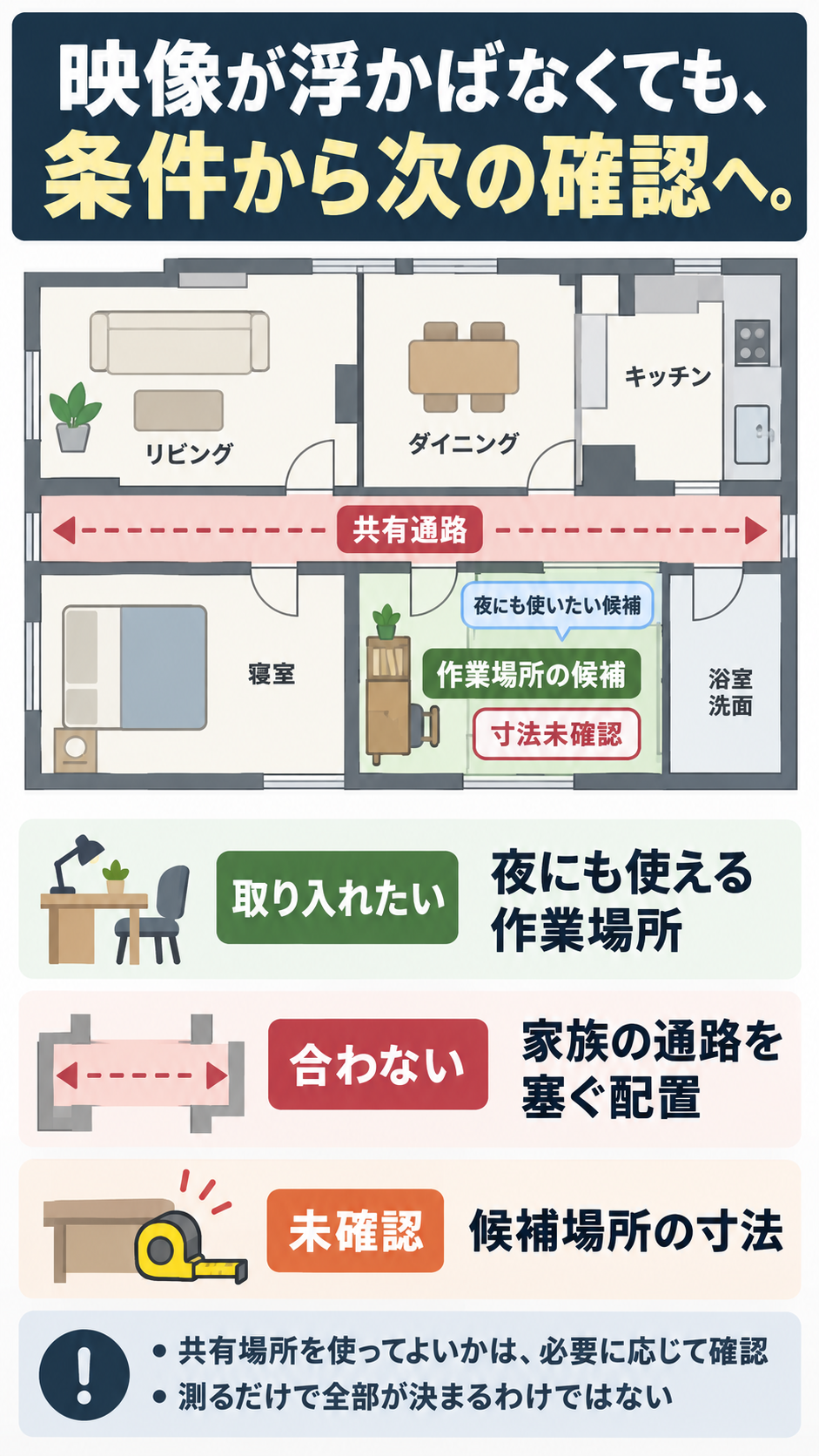 架空の部屋配置図と3行メモ。夜に使いたい作業場所の候補、家族の通路を塞ぎたくない条件、未確認の寸法を示す。配置や共有場所の使用許可は未確定。