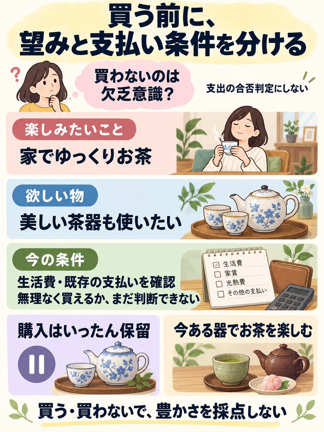 架空の茶器購入例。家でゆっくりお茶を楽しみたい気持ちと、美しい茶器を使いたい希望を分け、生活費や既存の支払いを確認しても購入可能か判断できないため、今回は購入を保留し、今ある器でお茶を楽しむ選択を示す図。買う・買わないで豊かさを採点せず、茶器が不要と結論づけるものでもない。