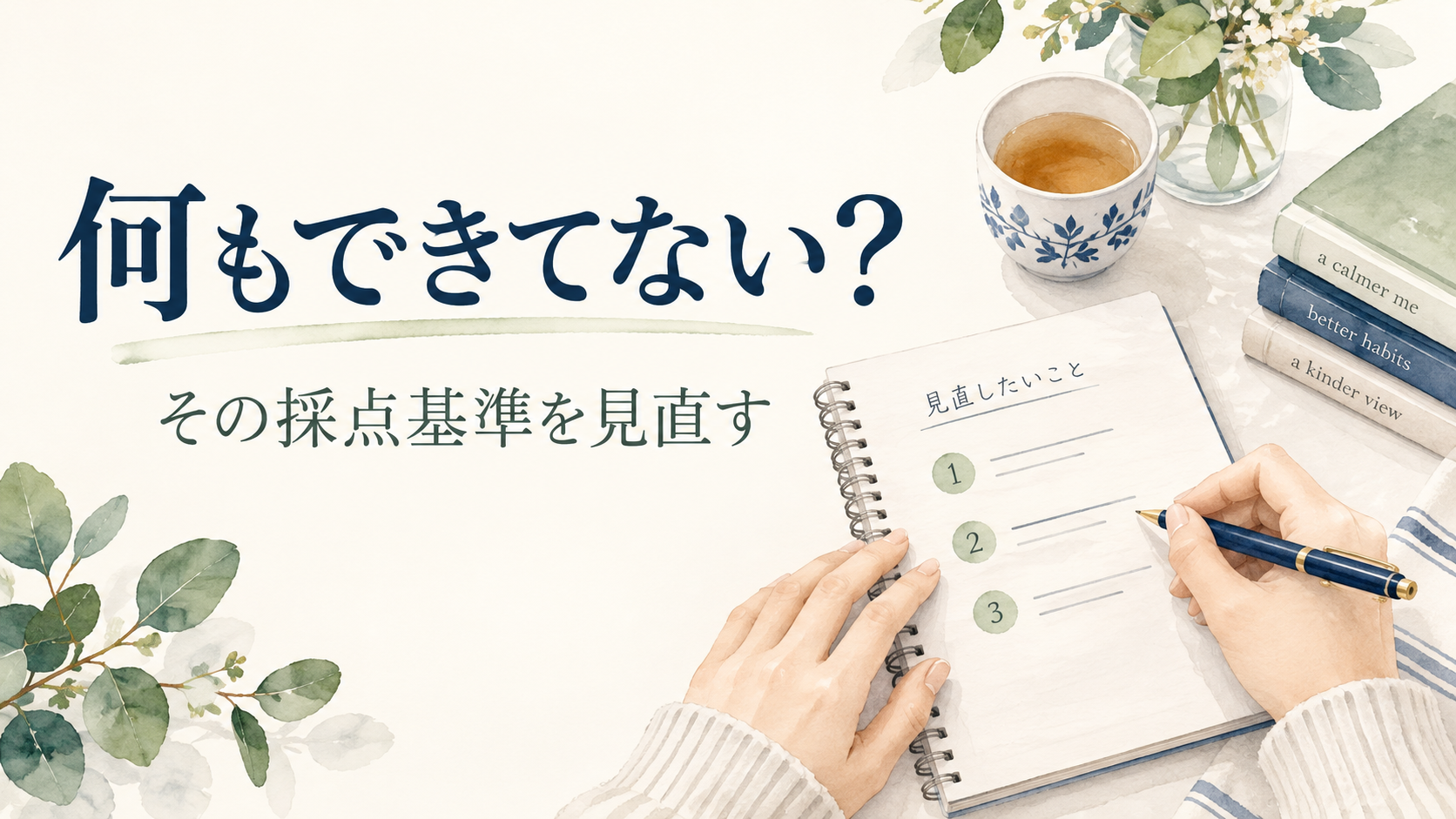 ノートに書く手元と「何もできてない?その採点基準を見直す」という文字で、行動と成果の評価を見直す内容を表した水彩イメージ
