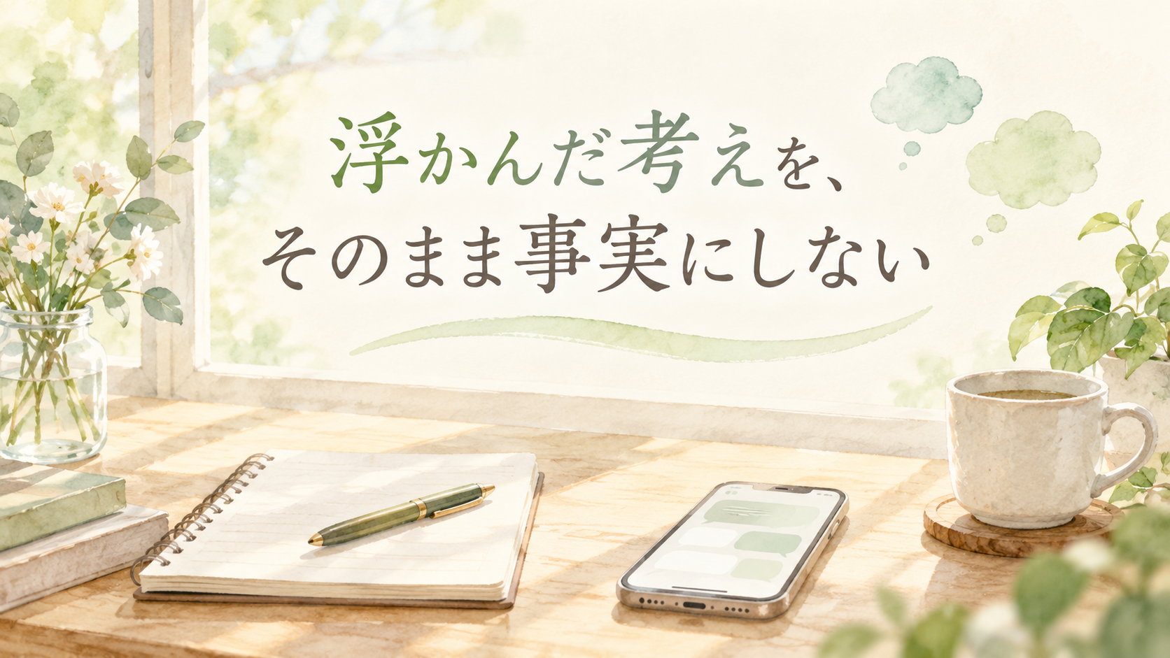 浮かんだ考えと現実を整理する、静かな机の上のノートとスマートフォンの水彩イメージ